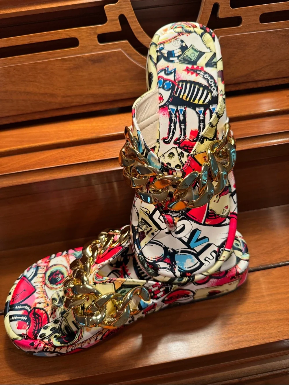 Gold-Chain Graphic Print Slide Sandals - Multicolor